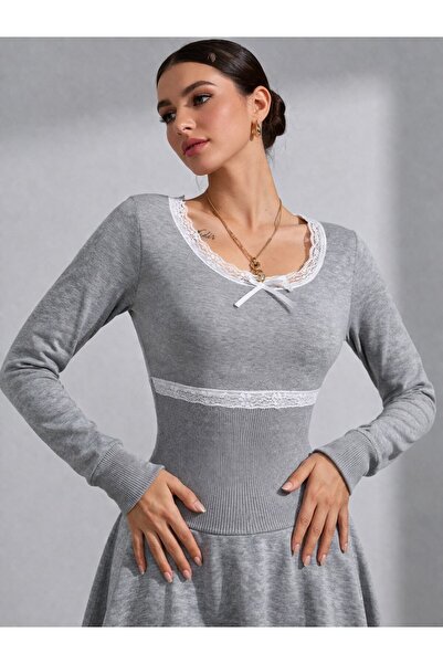 SERBA Women's Gray Lace Detailed Long Sleeve Mini Dress