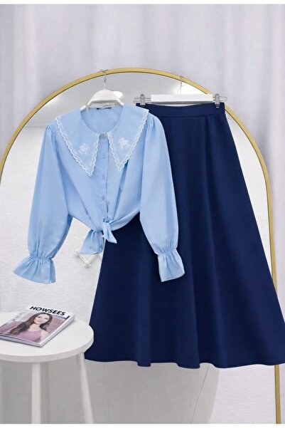 MODA VEDAT Women's Shirt with Collar Detail - Denim Skirt Set -0700