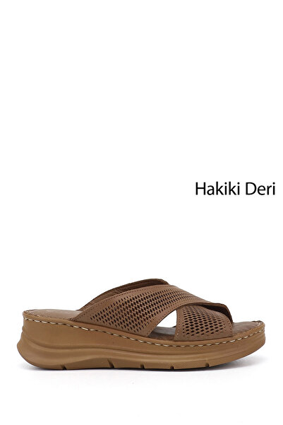 GÖNDERİ(R) Women's Hazelnut Padded Sole Genuine Leather Slippers