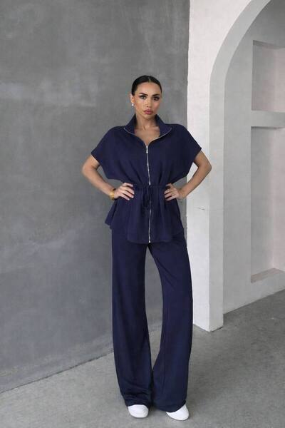 MEECY Women's Black Short-Sleeved Jacket and Pants Set - Adjustable Waist Detail