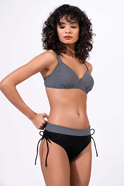 Endeep Women's Polka Dot Patterned Black Bikini Set with Lace Detail