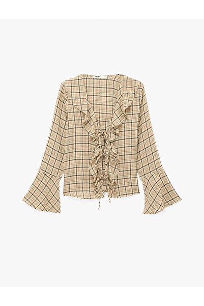 Koton Long Sleeve Flounce Checkered V-Neck Blouse with Tie Detail