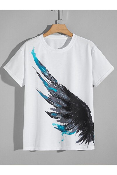 CLASSY.MODA Υπερμεγέθες μπλουζάκι με στάμπα με ένα φτερό - Τιρκουάζ λεπτομέρεια