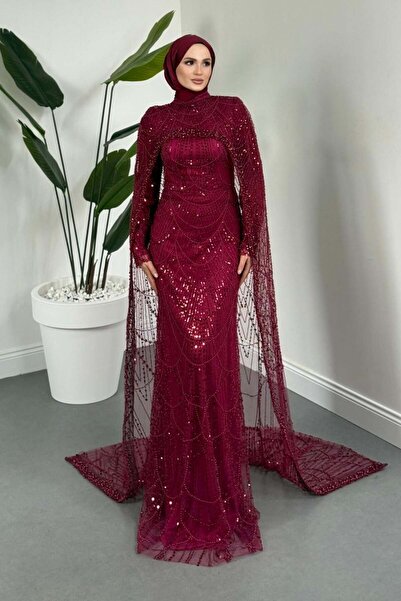 MERVEN AKYÜZ Ardina Pelerinli Boncuk İşlemeli Balık Abiye Fuşya