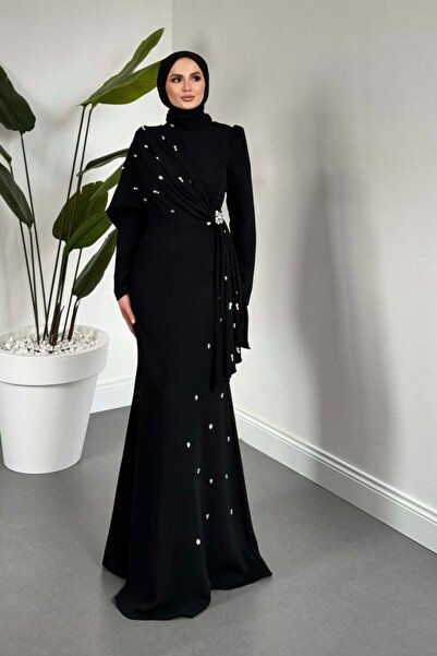 MERVEN AKYÜZ Elowenn Pearl Tek Omuz Pelerinli Abiye Siyah