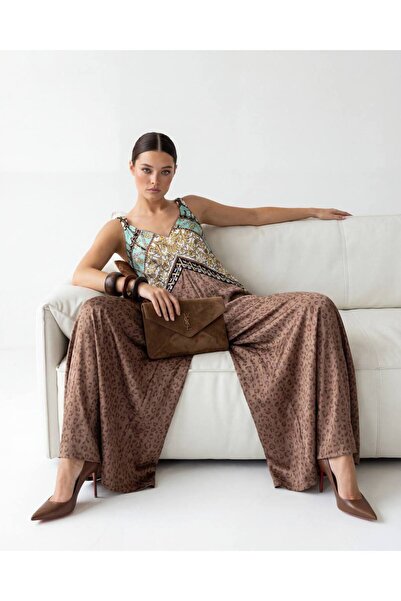 LOKADI Women's Brown Leopard Patterned Mixed Motif Wide Leg Strap Jumpsuit Ov...