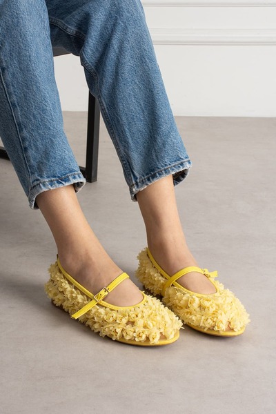 diclepolat Kadın Sarı Çiçek Detaylı Tül Babet Ayakkabı Kadın Mary Jane Şeffaf...