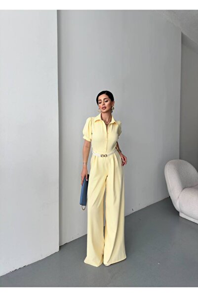 LOKADI Women Shirt Collar Short Sleeve Wide Leg Jumpsuit with Belt - Casual C...