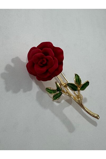 Neşeli Atölyem Tek Gül Broş, Kadifemsi kırmızı tonlu kadın yaka iğnesi Bir gül