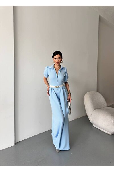 LOKADI Women Shirt Collar Short Sleeve Wide Leg Jumpsuit with Belt - Casual C...