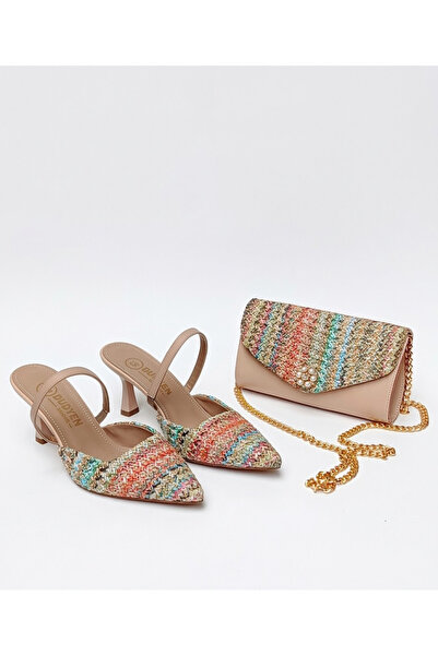 DUDYEN SHOES Kadın Stiletto İnce Burun Çok Renkli Hasır 7cm Topuklu Ve Çanta ...