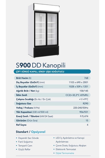 Şenocak S900 DD Çift Kapı Sürgü Kapılı Şişe Soğutucu Meşrubat Dolabı