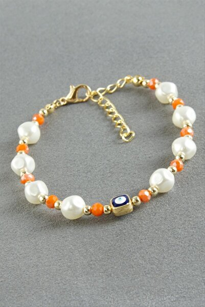 ZERO LAND Nrzsnt Nazar Rectangular Crystal Pearl Bracelet (211723) - Orange