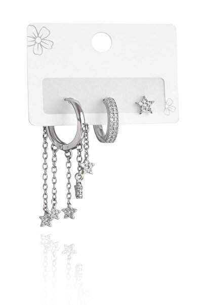 Mope Accessories Set of 3 Silver Colored Star and Chain Earrings
