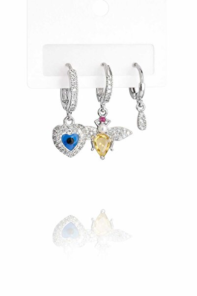 Mope Accessories Set of 3 Silver Color Earrings with Evil Eye and Bee Figures
