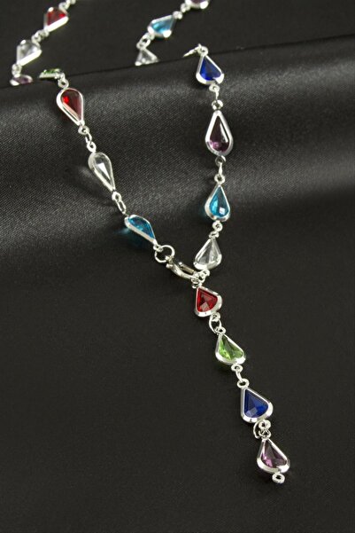 ZERO LAND Nrzsnt Drop Zircon Stone Steel Y Necklace - (211702) Silver Color