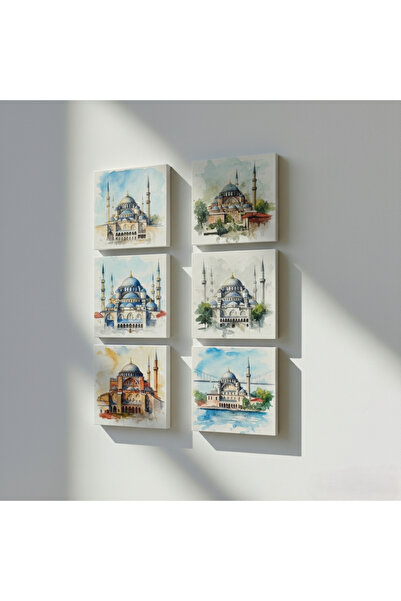 Etniky 6'lı İstanbul Camileri Dekoratif Taş Tablo Seti 10x10cm Sultanahmet Ay...