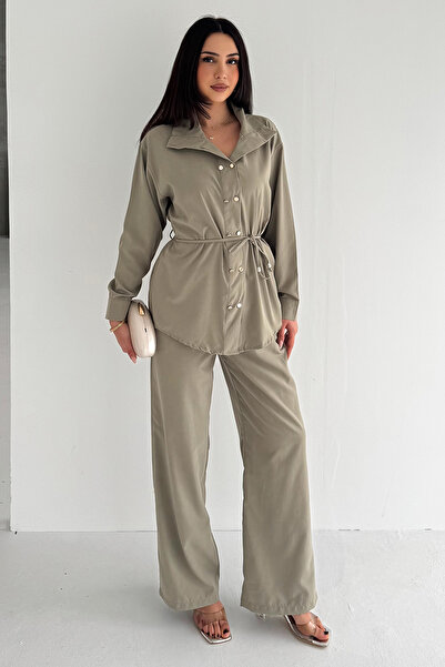 Noa&Noa طقم نسائي من قطعتين - قميص بتفاصيل أزرار وبنطلون واسع الساق