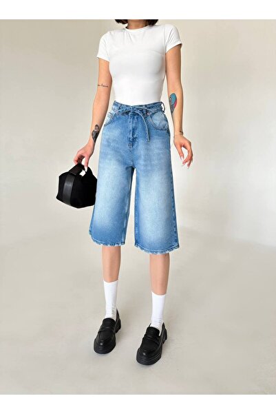 LOKADI شورت جينز برمودا نسائي أزرق عالي الخصر - شورت جينز واسع الساق برباط من...