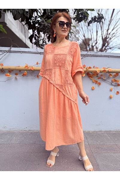 DenizEge Ιταλικό Δαντελένιο Φόρεμα Σολομόν