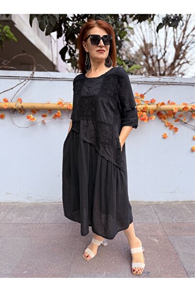 DenizEge İtalyan Dantel Elbise Siyah