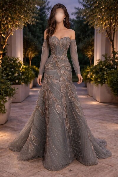 AMAZ فستان سهره كلفه تطريز خرز بطانه تفته جيبون دبل كلوش