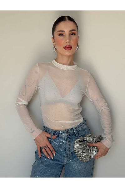 YK FASHION Taş Detaylı Transparan Bluz