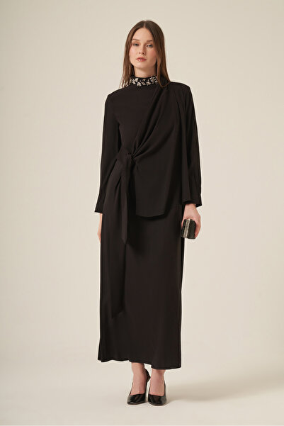 FTZ WOMEN Γυναικείο φόρεμα από φυσικές ίνες με πέτο και πέτρες, μαύρο 31317