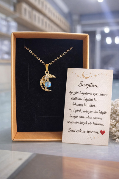 Selvica Blue Stone Crescent Moon Necklace – Elegant Women's Necklace Romantic...