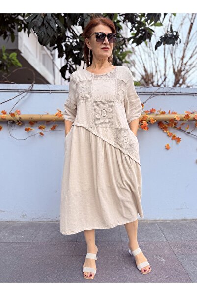 DenizEge Ιταλικό Δαντελένιο Φόρεμα Μπεζ