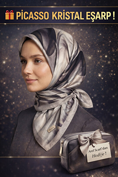 Picasso حرير شال كريستال رمادي وأسود - تصميم أنيق من التويل 90x90