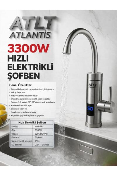 ATLT ATLANTİS 3300W HIZLI ELEKTİRİKLİ ANİ SU ISITICI TERMAL ŞOFBEN MUSLUK BAT...