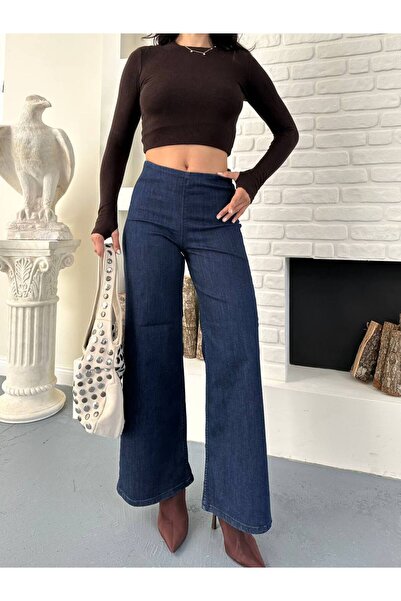 LOKADI Pantaloni din denim cu talie înaltă, albastru marin închis, pentru fem...