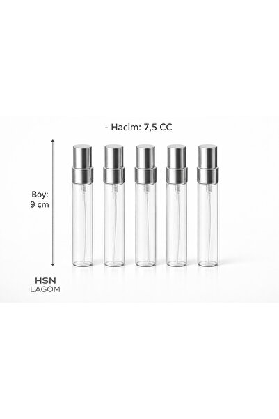 HSN LAGOM 5 ADET KALEM PARFÜM ŞİŞESİ GÜMÜŞ SİLVER KAPAK 7,5 CC CAM VİDALİ kol...