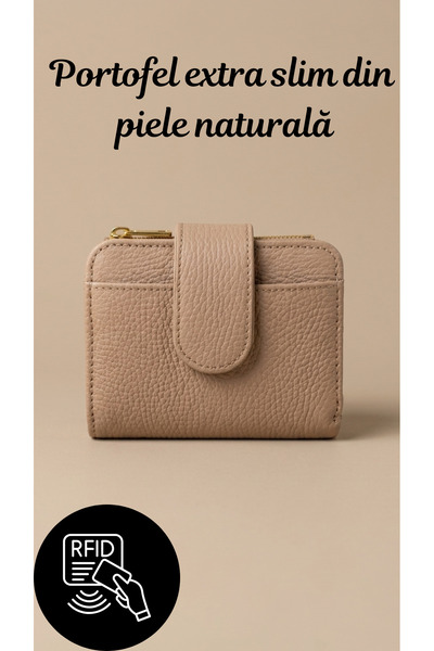 OEM Slim wallet made of nude genuine leather - zippered coin pocket, ID and c...