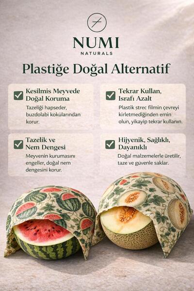 NUMI Naturals Premium Balmumu Gıda Saklama Bezi 2’li Set – Karpuz & Kavun Desenli (40x40 cm)
