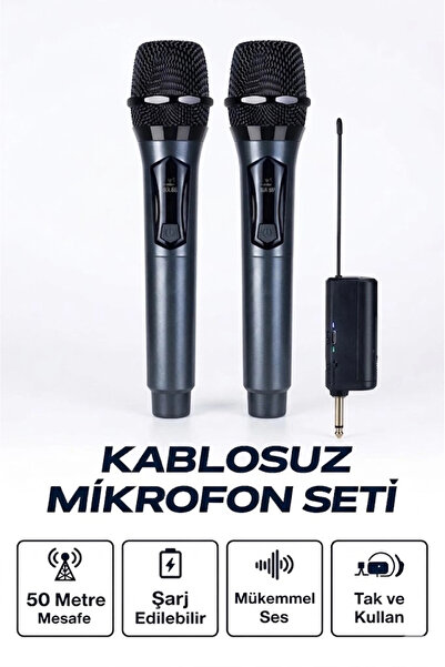 Epilons Profesyonel Çiftli Kablosuz Mikrofon Seti Karaoke Şarj Edilebilir 50 ...