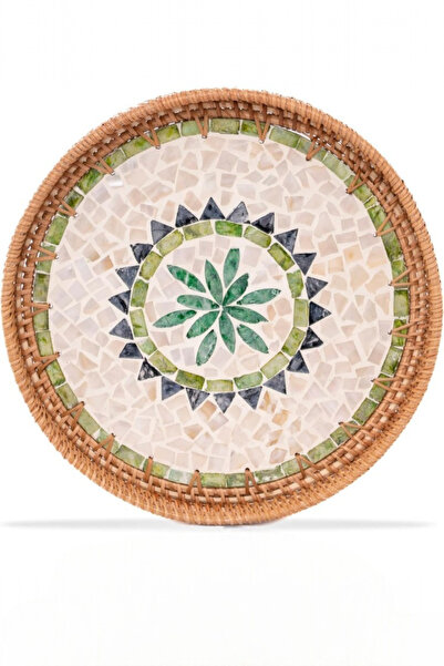 oceanpoint Handcrafted Luxury Rattan Tray, Green Floral Pattern, Motif Presen...