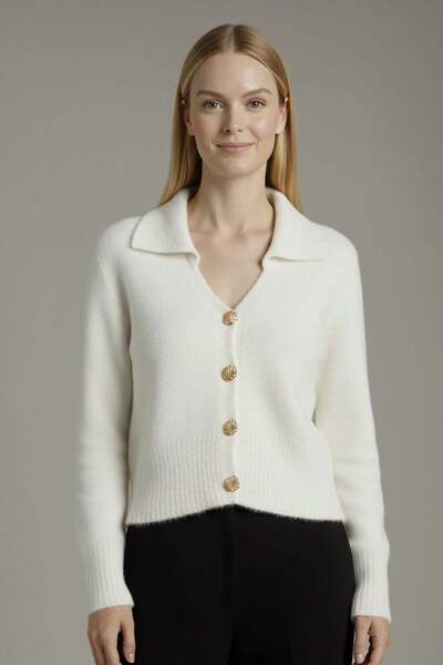 FTZ WOMEN Women's V-Neck Angora Cardigan Ecru 25299