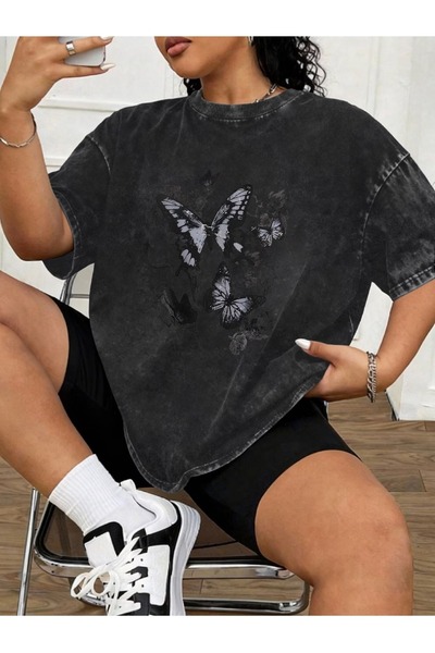 ship master Tricou negru unisex cu imprimeu fluturi, 100% bumbac, vintage spă...