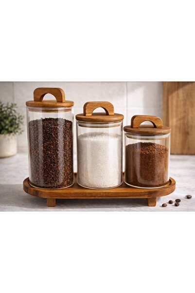 Durina Living Acacia Lid Glass Jar Set with 3 Stands – 1300/950/630 ml Coffee...