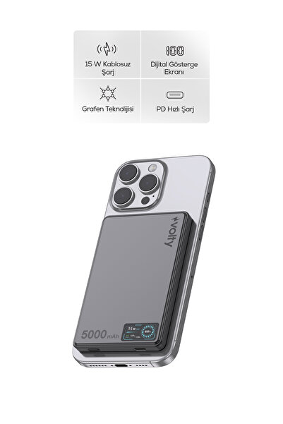 Volty MagSafe Powerbank 5000 mAh | 15W Kablosuz, 20W PD Hızlı Şarj, Dijital E...