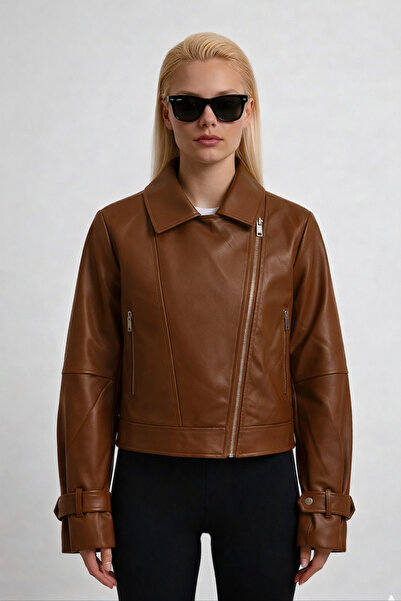 COJIKO Asymmetrical Zippered Brown Women's Leather Jacket