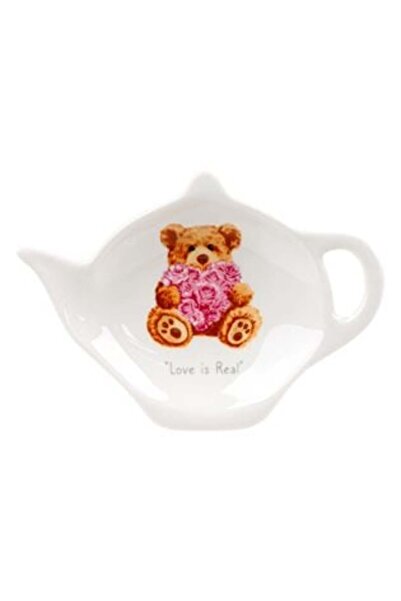Jumbo New Bone White Plate Bear with Rose "Love is Real" for Tea Bags 12 x 8 cm