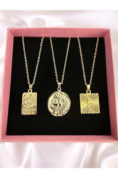 Madam Bikan Gold Renk 3 Lü Antik Roma Figür Yılan Göz Antik Set Kolye