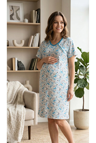 embody Maternity Nightdress cotton, nursing opening white/blue 3334