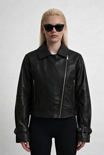 COJIKO Asymmetrical Zippered Women's Black Leather Jacket