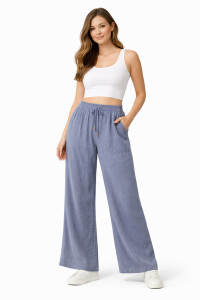 Marjinal Women's Cotton Muslin Fabric Elastic Waist Trousers