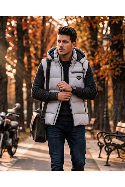 VEZİR MODA Erkek Şişme Yelek-Kapşon Fermuarlı Çıkarılabilir-Rips kumaş Premıu...