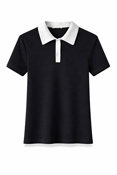 5in1Canpolat Μαύρο μπλουζάκι με γιακά πόλο και διακοσμητικά στοιχεία 26286